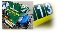 Ambulanse og bilde av båre med respirator-rack Ambulanse og bilde av båre med respirator-rack