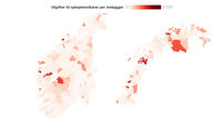 norgeskart med farger som viser sykepleievikarbruken